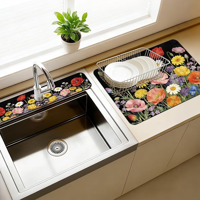 3 Pcs 2 Size Kitchen Sink Splash Guard Faucet Mat Wildflower Pattern Faucet Mats by CONCHLERY%E6%97%97%E8%88%B0%E5%BA%97