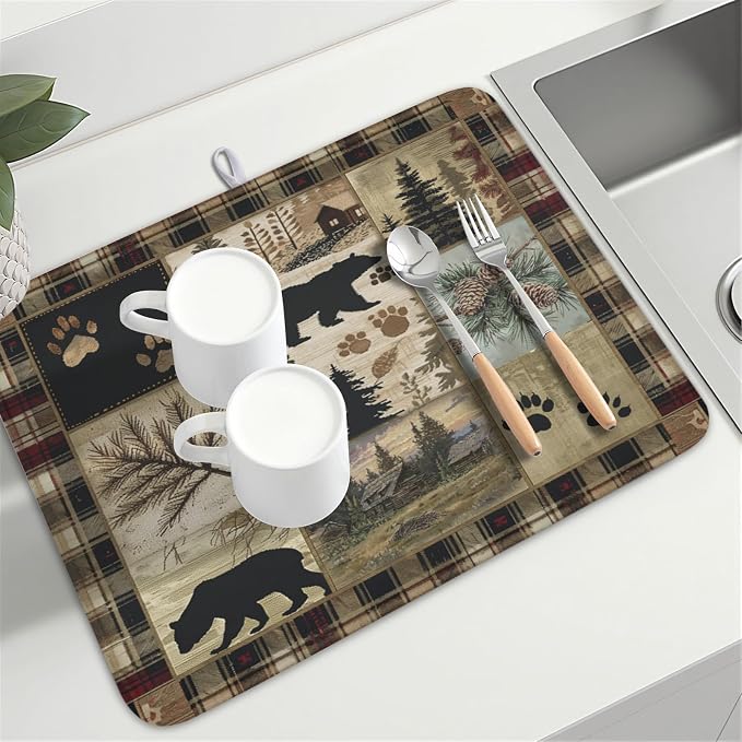 Giwawa Black Bear Dish Drying Mat Forest Cabin Decorative Dishes Pad 18x24 Inch - Image 8