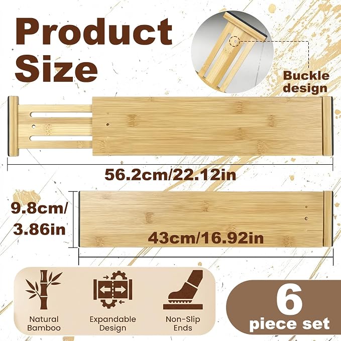 Joyeee Kitchen Drawer Dividers 6 Pack, 16.9-22.1" Adjustable Bamboo Drawer - Image 4