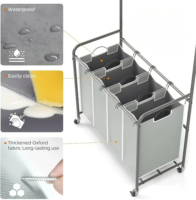 ROMOON Laundry Hamper Sorter Cart, 4 Section Organizer - Image 2