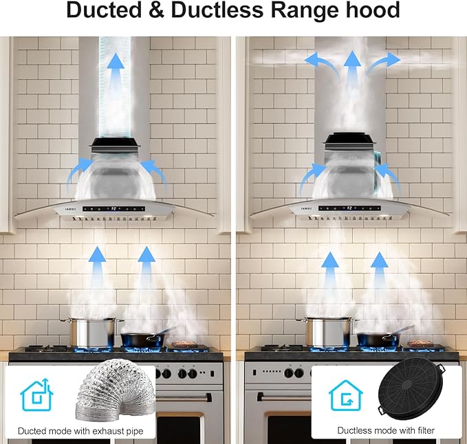 36 inch Wall Mount Range Hood 900 CFM Ducted/Ductless Convertible, Kitchen Chimney Vent Stainless Steel with Gesture Sensing & Touch Control Switch Panel, 2 Pcs Adjustable Lights