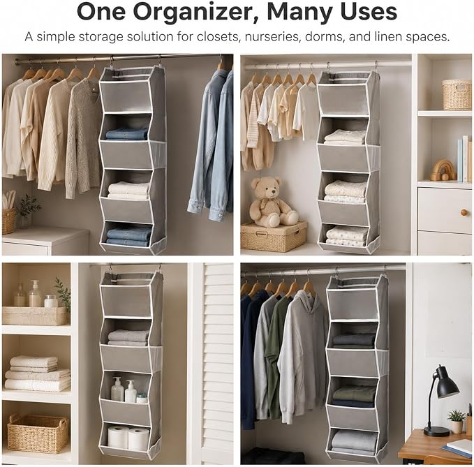 4-Shelf Hanging Closet Organizer and Storage, Fabric Storage Bins Bedroom - Image 4