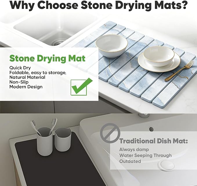 Stone Drying Mat for Kitchen Counter, Quick Diatomaceous Earth Mats for Dishes - Image 4