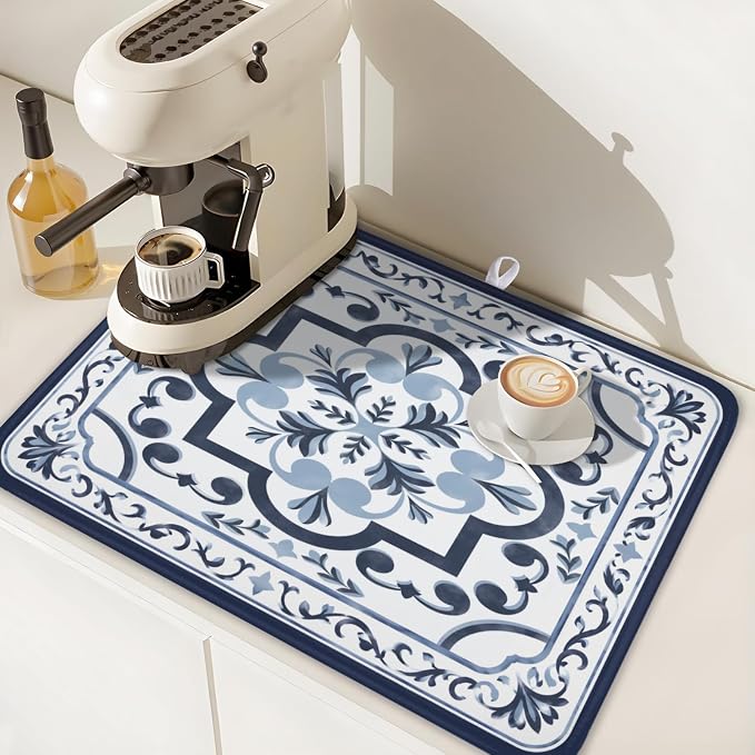 Giwawa Navy Flower Dish Drying Mat Modern Boho Microfiber Dishes Drainer Pad - Image 7