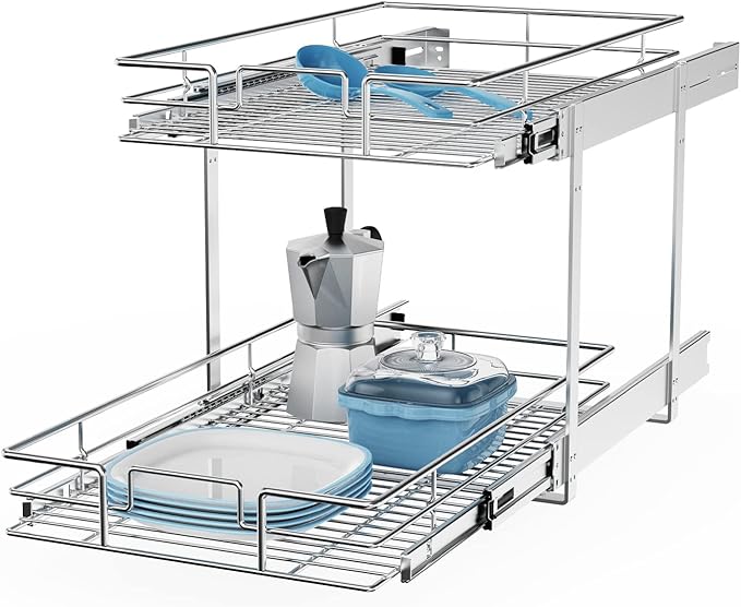 ROOMTEC Individual Pull Out Cabinet Organizer (14" W x 18" D), 2 Tier Spice Rack Organizer for Cabinet, Slide Out Drawer Pantry Shelf Organization and Storage for Kitchen Bathroom
