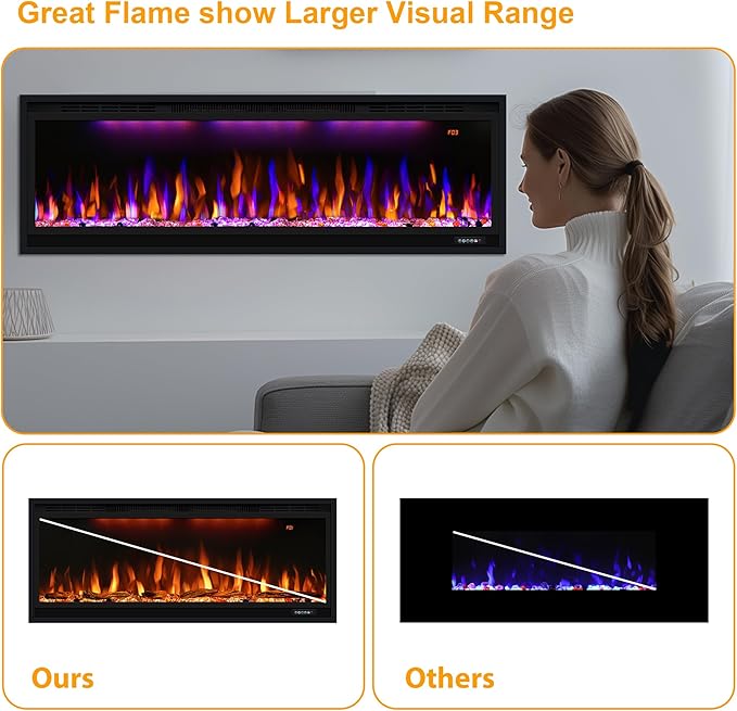 Smart 50 inch WiFi-Enabled Electric Fireplace Inserts, Wall Mount & in Wall recessed Fireplace Heater, w/Realistic Log &Crystals, Adjustable Flame Color, Thermostat and Timer, 750W/1500W, Black