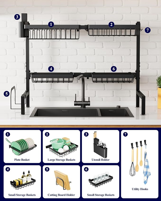 Kitsure Adjustable Over The Sink Dish Drying Rack, 26.8" -33.9"x21.5" | Sink - Image 5