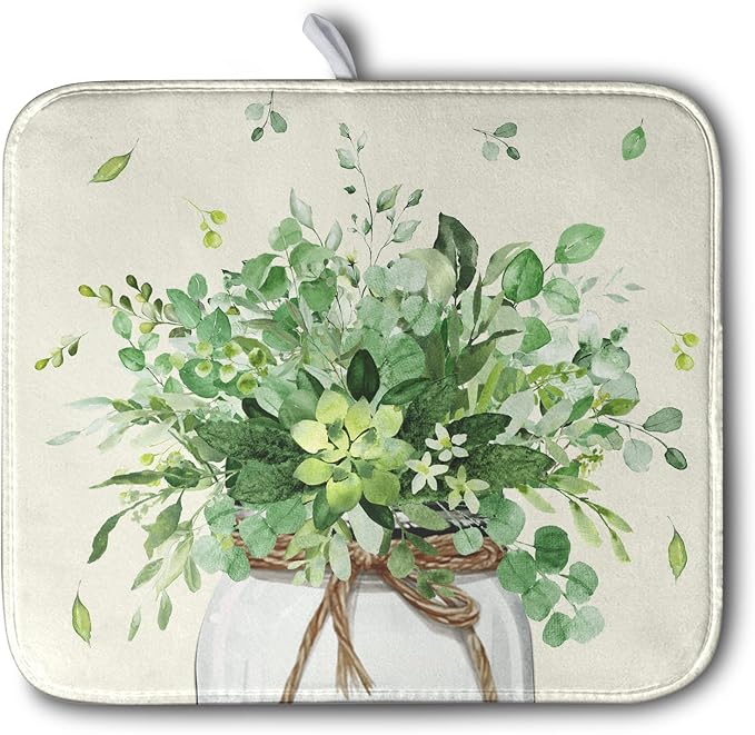 Spring Sage Green Leaves Dish Drying Mat by Kwlegh