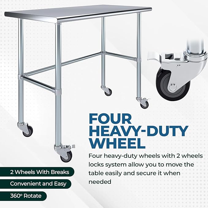 Stainless Steel Work Table Open Base & Wheels | Work Station | Metal Work Bench (Stainless Steel Work Table Open Base + Casters) (60" Long x 30" Deep)