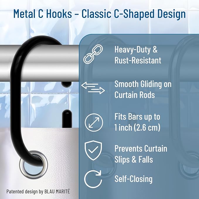 12 Metal Shower Curtain Hooks, Rust-Proof Decorative C-Shaped Curtain Hooks - Image 3