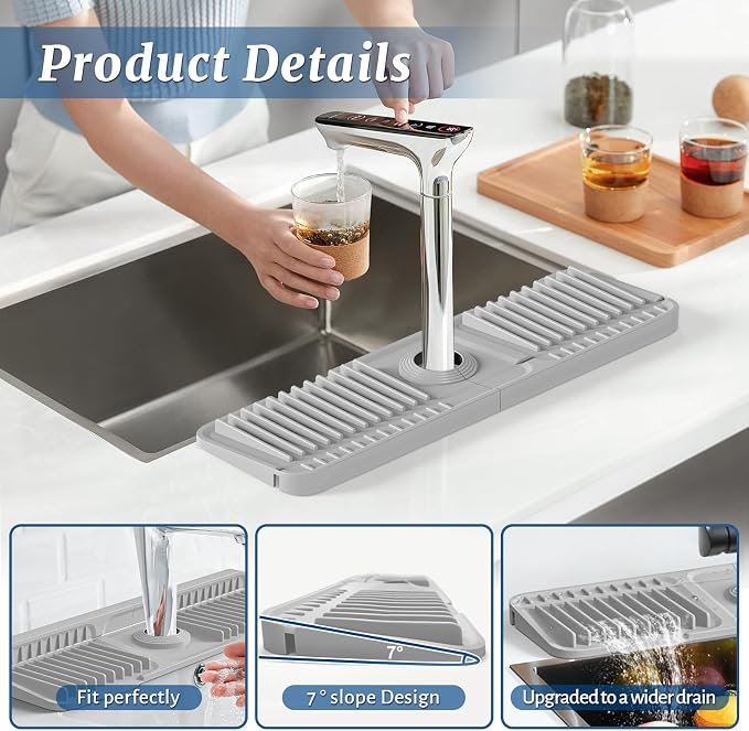 PoYang 17.7 Inch Faucet Mat for Kitchen Sink Splash Guard, Light Grey | Sink - Image 9