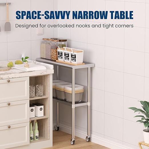 Stainless Steel Table with Wheels 14 x 30 Inches Metal Prep Table with Adjustable Undershelf & Casters for Commercial Kitchen, Outdoor, Restaurant, Hotel & Garage