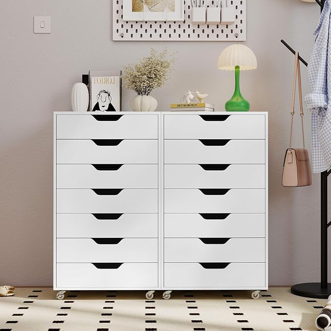 7 Drawer File Cabinet, Mobile Filing Cabinet w/Universal Wheels, Wood Printer Stand with Storage, Rolling File Cabinets for Home Office, Living Room, Bedroom (White, 7 Drawers)