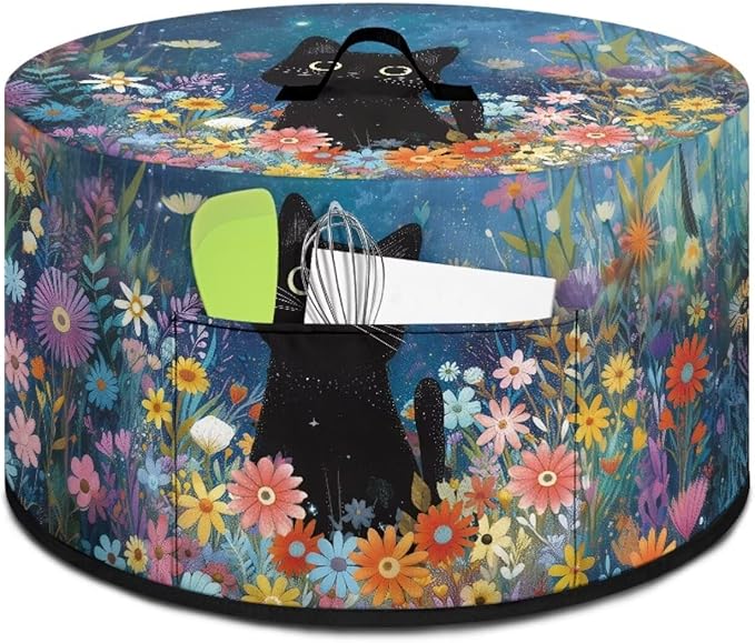 Cute Cat Daisy Floral Print Slow Cooker Dust Cover Protective with Pocket Keep Appliance Clean Fit Most 6-8 Quart Crock Pot Kitchen Appliance Organizer Kitchen Accessories