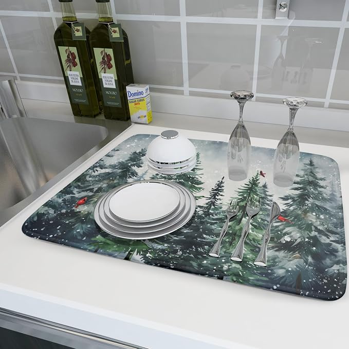 Winter Dish Drying Mat for Kitchen Counter Winter Pine Tree Dish Drying Mat - Image 6