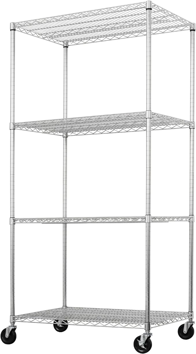 SafeRacks - NSF Certified Storage Shelves, Zinc, Heavy Duty Steel Wire Unit with Wheels and Adjustable Feet, Garage or Bakers Rack, Kitchen, Pantry Shelf - (36"x24"x72" 4-Tier) (Silver)