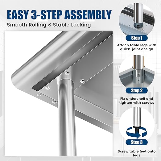 Stainless Steel Work Table 24 x 60 Inch with 2 Adjustable Undershelves, Heavy-Duty Metal Prep Table for Commercial Kitchen & Restaurant, Garage, Outdoor