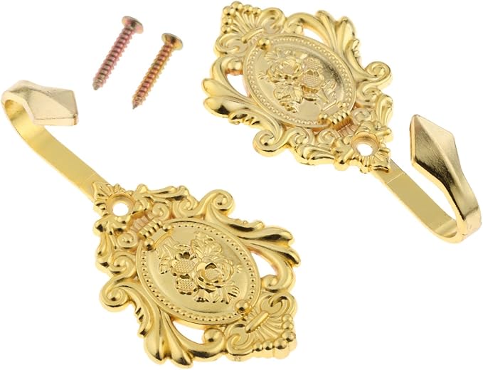 Curtain Tiebacks Small Lightweight Hooks, Vintage Gold Rose Pattern, Includes - Image 2