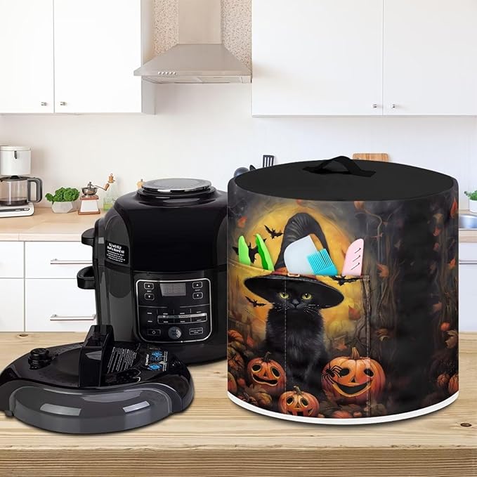 Pressure Cooker Cover for 8 Quart Air Fryer Accessories, Stain Resistant Electric Appliance Cover with Pockets for Halloween Decoration, Black Cat Witch Pumpkin