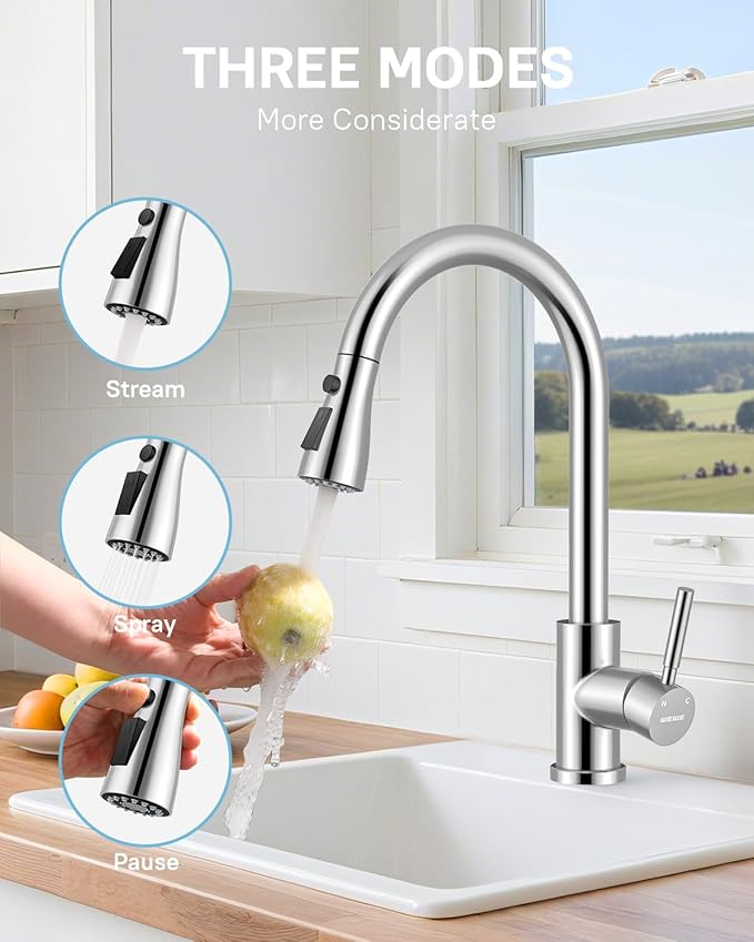 WEWE Kitchen Faucet with Pull Down Sprayer and Soap Dispenser, Stainless Steel Kitchen Sink Faucets, 3-Mode High Arc Single Handle Faucet for RV Farmhouse, Polished Chrome