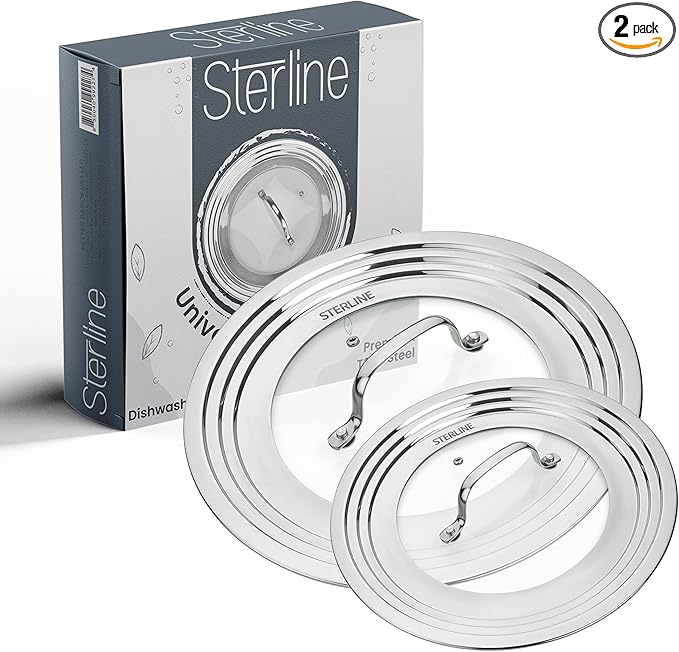 Universal Lids Set with Tempered Glass Top - Fits 5-12 Inch Pots, Pan, and Skillets - Set of 2, Large and Small, Stainless Steel Replacement Pot Lid for Kitchen Organizing, Space Saving