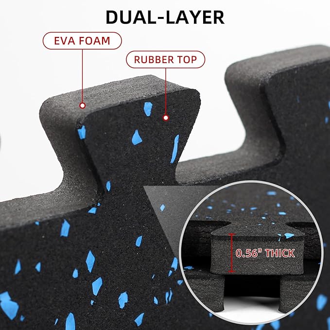 0.56in Thick 48 Sq Ft Exercise Equipment Mats, 12 Tiles Rubber Top EVA Foam Workout Mats, Interlocking Gym Flooring for Home Gym, 24 x 24in, Black & Blue