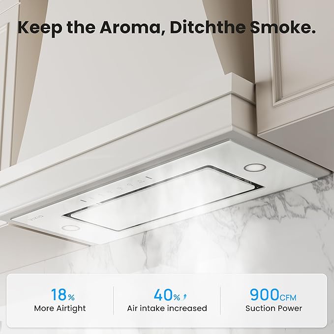 Range Hood Insert 30 Inch - Built-in 900 CFM Ducted/Ductless Range Hood with 3 Speed Fan, White Stainless Steel & Tempered Glass with Gesture Sensing &Touch Control for Over Kitchen Stove