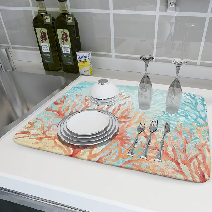Giwawa Coastal Coral Dish Drying Mat Beach Ocean Drainer Rack Mat 18x24 Inch - Image 6