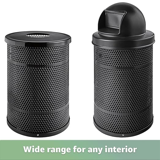 55 Gallon Perforated Recycle Container with Flat Lid, Steel Outdoor Heavy-Duty Commercial Trash Can, Black Round Waste Bin, Durable Garbage Can for Municipalities, Schools, Parks, Parking