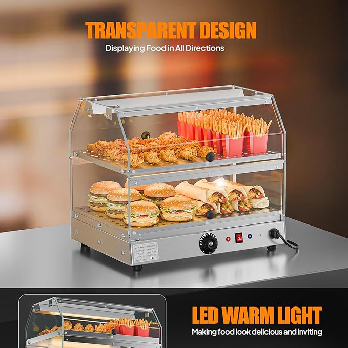 Bonnlo Commercial Food Warmer Display Pizza Warmer, 2-Tier Electric Countertop Food Warmer with LED Acrylic Door Removable Shelves Temp Control, Food Display Warmer for Buffet Restaurant, 120V 300W