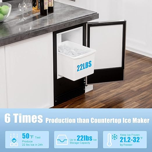 COTLIN Drainless Ice Maker 15" W with 22LBS Storage Bin, Free-Standing Under Counter Ice Maker Cabinet Ready, Crescent Ice for Home, No Drain Required, ETL Approved