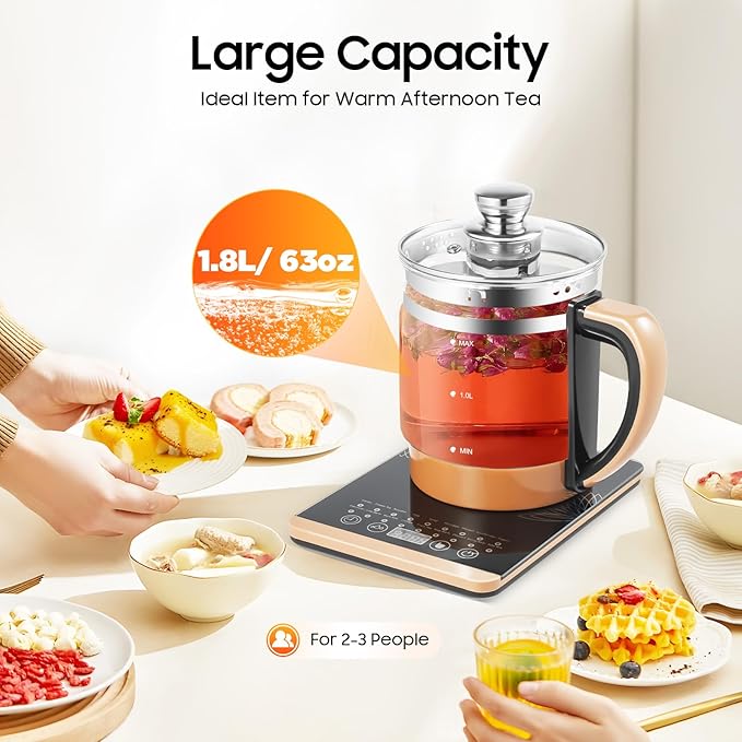 1.8L Electric Kettle, 800W Multifunctional Glass Kettle with Stainless Steel Strainer & Steamed Eggs Holder, 12 Modes Hot Beverage Tea Maker and Kettle for Soup, Porridge, Herbal Tea, 110V