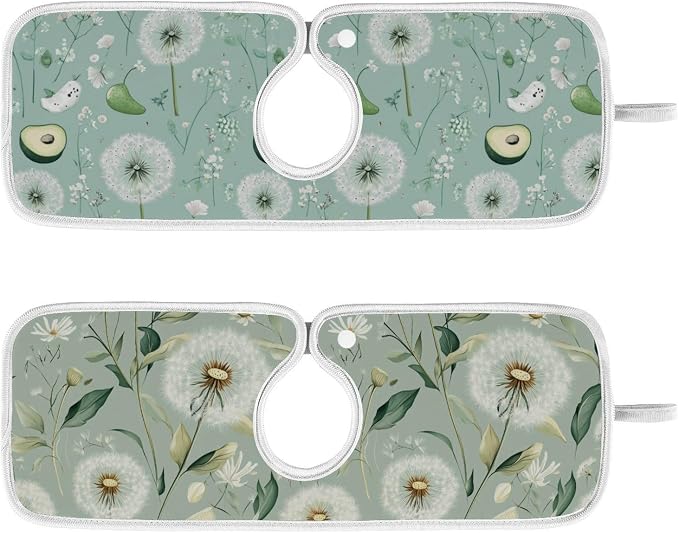 Sage Green Dandelion Mint Green Floral Avocado Sink Mat - Image 2
