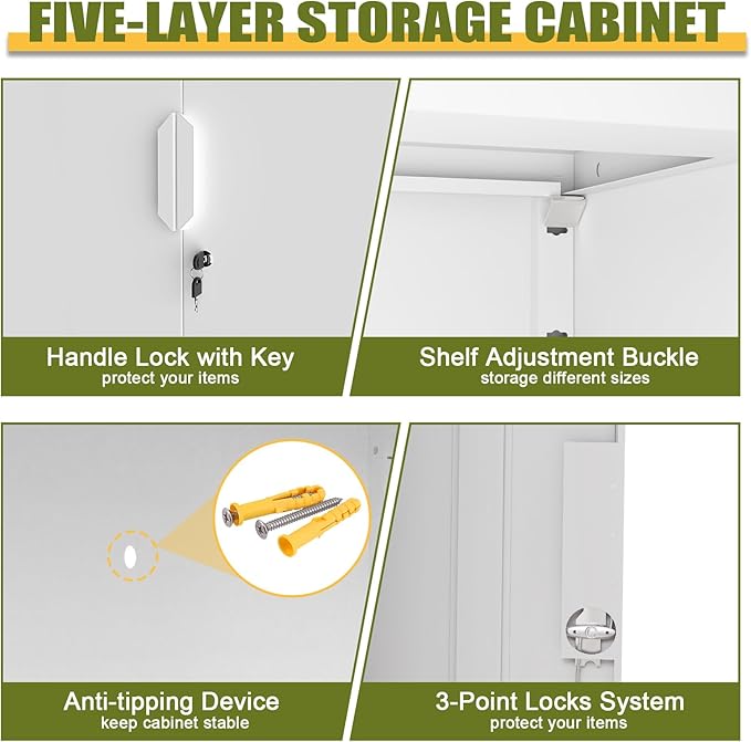 71" H Metal Garage Storage Cabinets with Adjustable Shelves,Steel Tall Cabinets with 2 Lockable Doors,Kitchen Pantry Cabinet,Metal Cabinet for Home/Office/Warehouse,White