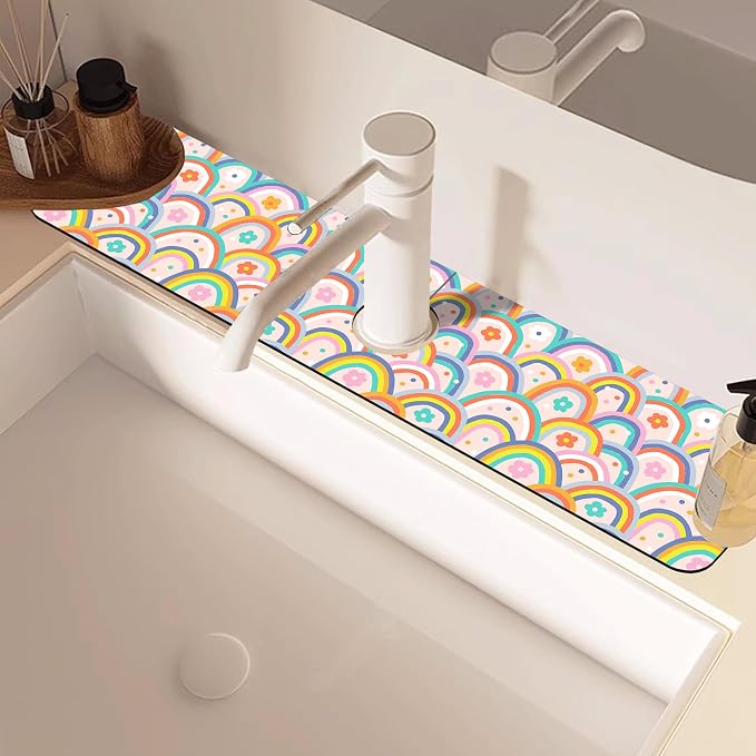 Boho Rainbow Hippie Floral Kitchen Sink Splash Guard Mat Absorbent Fast Drying - Image 2