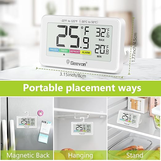 Geevon Digital Refrigerator Thermometer 4 Pack,IP65 Waterproof Fridge and Freeze Thermometer with Magnetic Back Large LCD,Max/Min Record Function for Home,Commercial