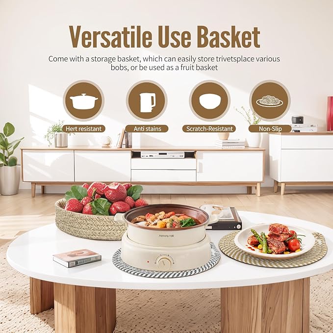 Hot Pads for Quartz Countertops with Storage Basket | 6-Pack 8-Inch Cotton Trivets for Hot Dishes & Pots | Machine Washable Farmhouse Kitchen Decor