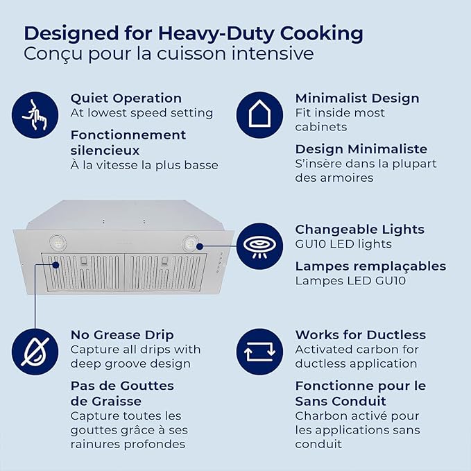 Hauslane Range Hood Insert 36 Inch, Hood Vent for Kitchen | Low Noise Performance, Professional-Grade Baffle Filters, LED Lamps, Stainless Steel Ductless Range Hood, Kitchen Vent Hood 11.25” Deep