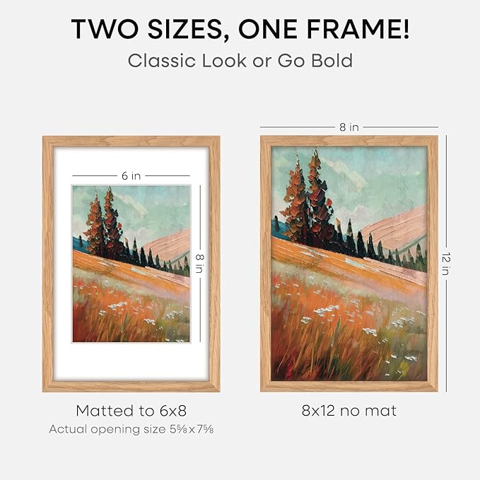 Homeforia 8x12 Picture Frame Wood, High End Natural Oak 8 x 12 Light Wooden Frames with Mat 6 by 8 inch Photo, 8by12 Frame Matted to 6x8 Art, Wall or Tabletop Frame, Tempered Glass, Wall Kit, Set of 3