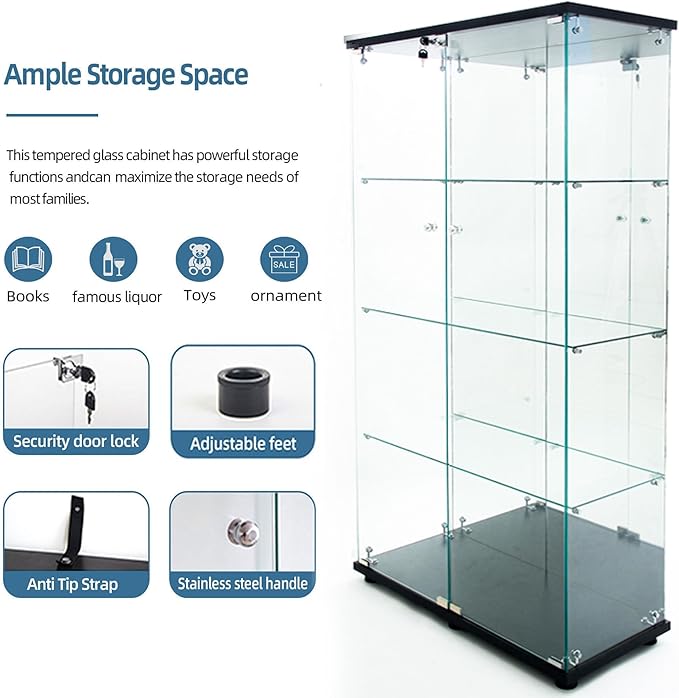 Yoluckea 4 Tiers Glass Display Cabinet with Bluetooth LED Light Strip, 2 Doors Floor Standing Curio Cabinet with Adjustable Feet and Mirror Back Panel, Black Glass Bookshelf for Collections, Wood Top