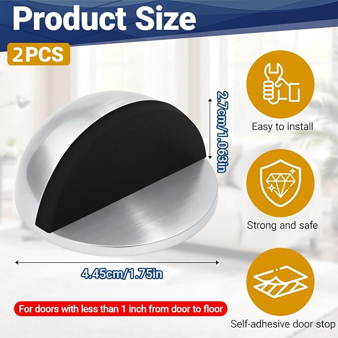 Self Adhesive Door Stoppers, Stainless Steel No Drill Rubber Floor Door Stop - Image 2