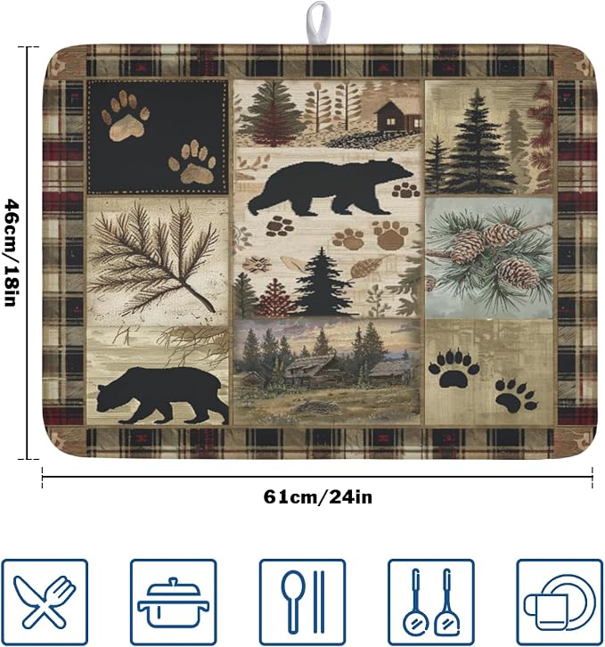 Giwawa Black Bear Dish Drying Mat Forest Cabin Decorative Dishes Pad 18x24 Inch - Image 2