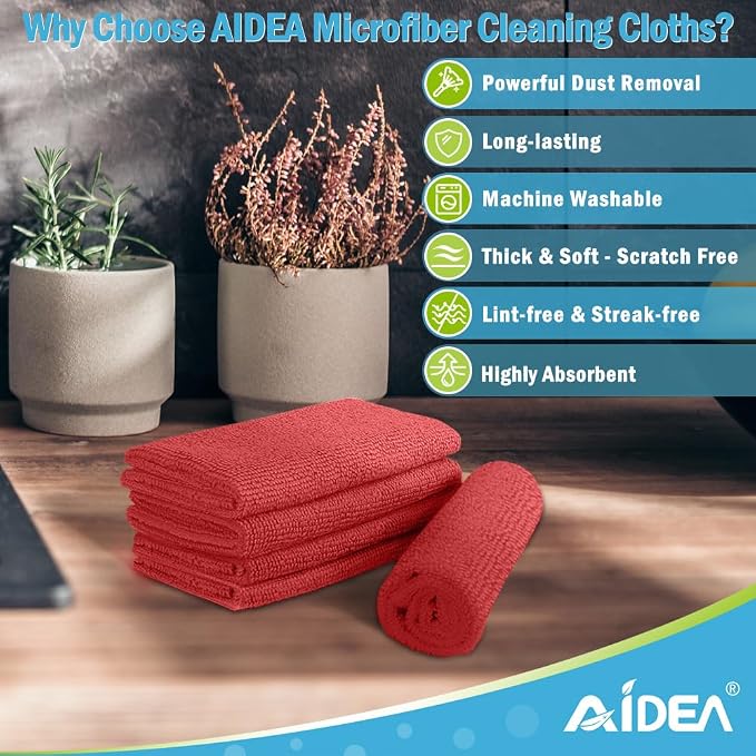 AIDEA Microfiber Cleaning Cloth Red-50PK, Soft Absorbent Shop Rags, Microfiber - Image 2