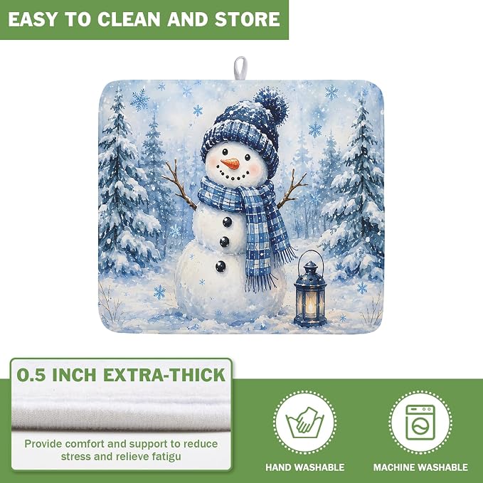 Kawani Winter Snowman Decorations Dish Drying Mat 16x18 Inch | Blue Snowman - Image 5