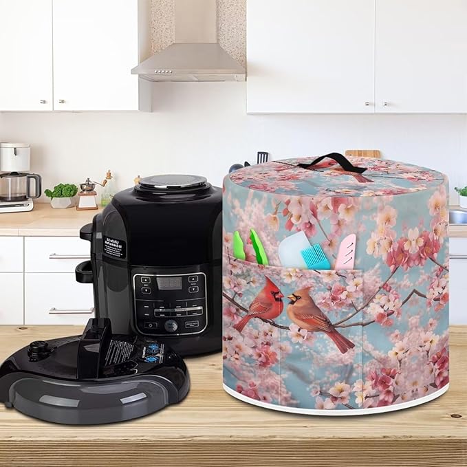 Xoenoiee Cardinal Bird Cherry Blossom Print Kitchen Appliance Dust Cover with Pockets, Electric Pressure Cooker Cover for qt Compatible with Crock Pot, Rice Cooker Cover, for 3 Qt Pot