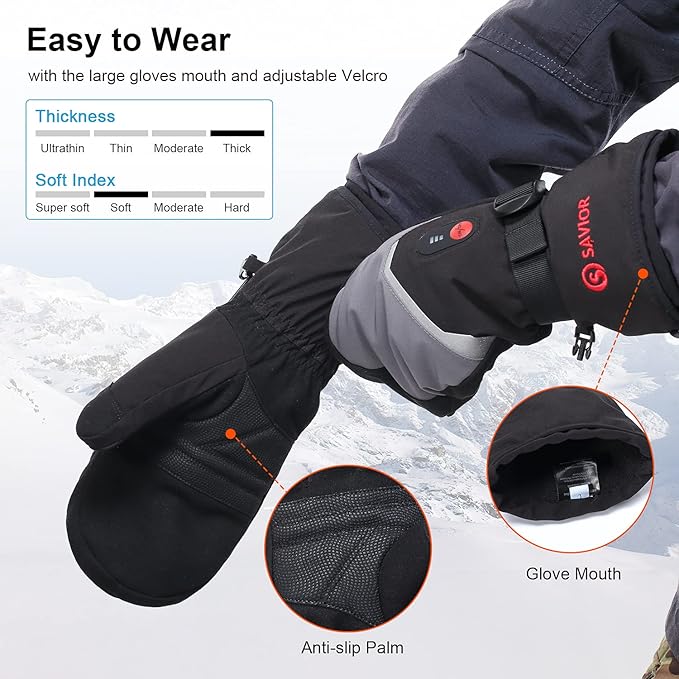 SAVIOR HEAT Heated Mittens Battery Ski Gloves, Upgraded Electric Rechargeable Mitts for Skiing Camping Hiking Arthritis Hands Men Women