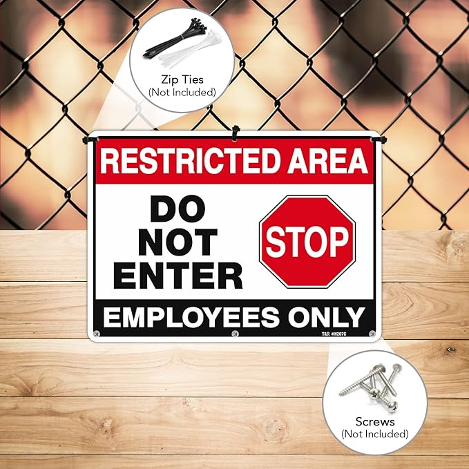 T&R Large Restricted Area Do Not Enter Employees Only Sign - 4 Pack - 14 x 10 Inches Rust Free .040 Aluminum - UV Protected, Waterproof, Weatherproof and Fade Resistant - 6 Pre-drilled Holes