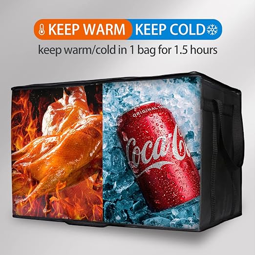 Bodaon 1PK Thermal Insulated Food Delivery Bag with Hard Bottom - 3X-Large Catering Cooler Bag for Hot and Cold Meals - Ideal for Commercial Pizza Transport, Grocery, Restaurants, and Events. Black