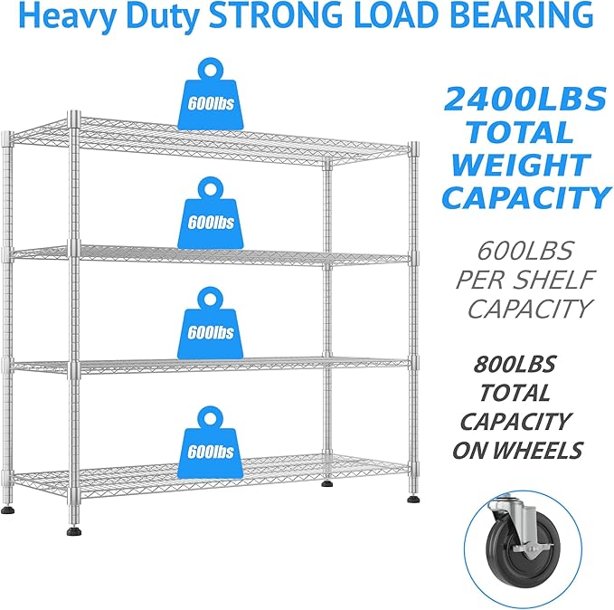 Homdox Heavy Duty Metal Shelves for Storage, 4 Tier Storage Racks and Shelving, Commercial Adjustable Wire Shelving Unit on Wheels, Garage Rack Pantry Shelves Kitchen Shelving, 18"x48"x72", Chrome