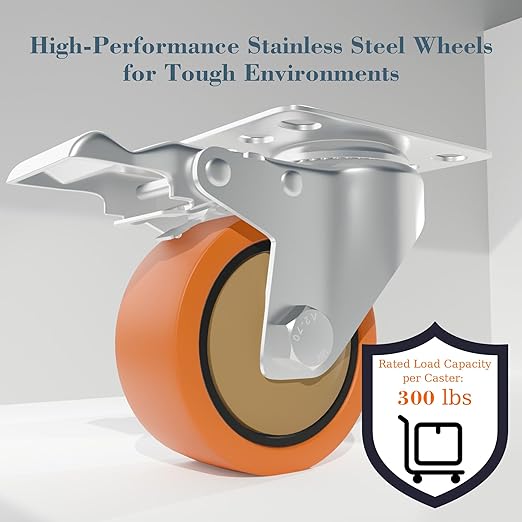 3 Inch 304 Stainless Steel Caster Wheels with Brake, Set of 2, 360° Swivel Rust-Resistant Industrial Casters for Kitchen, Restaurant, Lab, Hospital, Furniture, Workbench